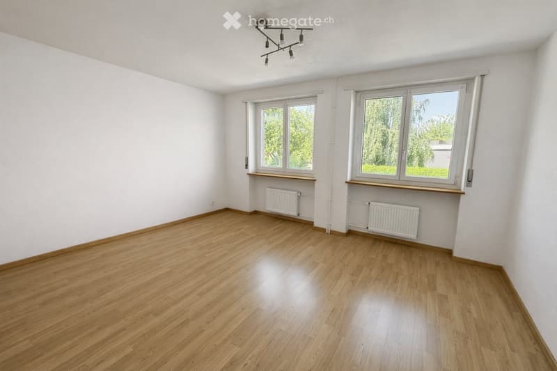 Empty room with wooden flooring, white walls, large windows, radiators, and a modern ceiling light fixture.