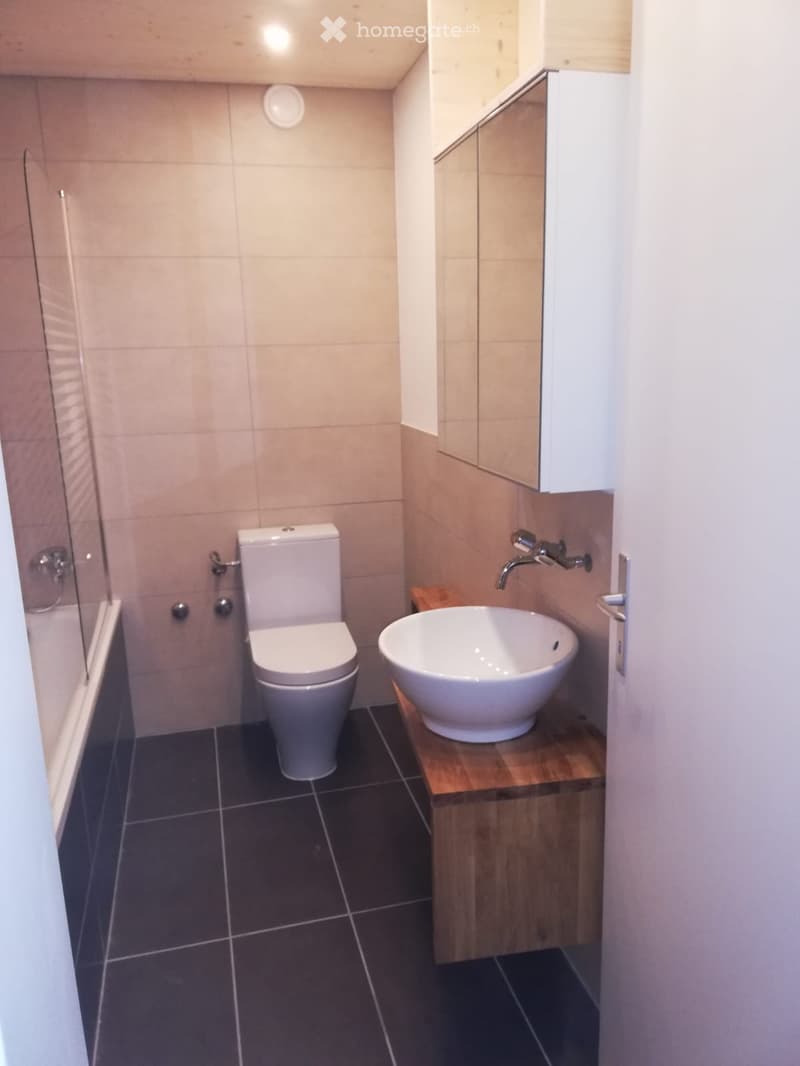 Modern bathroom with a toilet, a sink on a wooden vanity, a bathtub, and a glass shower enclosure.