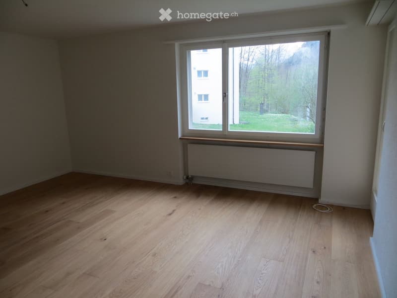 Empty room with wooden flooring, white walls, large window with view of greenery, radiator below window, and a small cable on the floor.