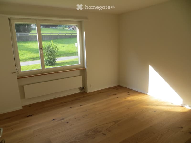 Empty room with wooden flooring, large window with view of green landscape, radiator below window, and light-colored walls.