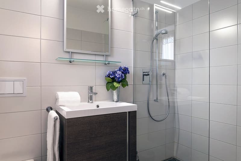 Modern bathroom with white tiles, glass shower enclosure, vanity unit with sink, mirror cabinet, and a vase of blue hydrangea flowers