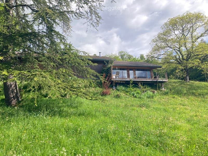 A two-story wooden house with a raised ground floor, surrounded by lush greenery and trees. The house features a balcony with outdoor seating and a chimney on the roof.