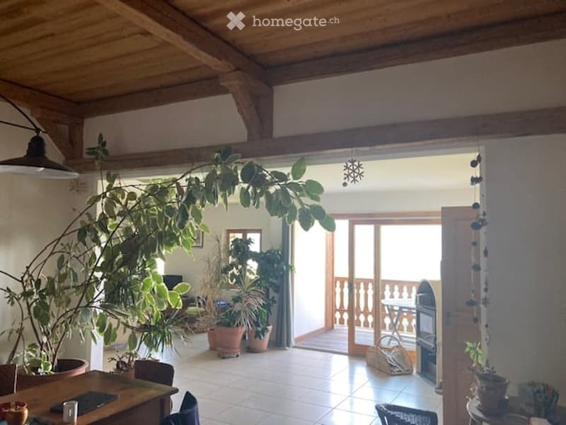 Bright living room with wooden ceiling beams, large potted plants, a balcony with wooden railing, a table with a laptop, and a fireplace.