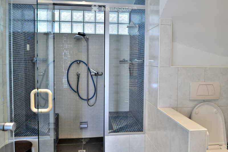 Modern bathroom with a glass-enclosed shower, tiled walls, a toilet, and a handheld shower hose.