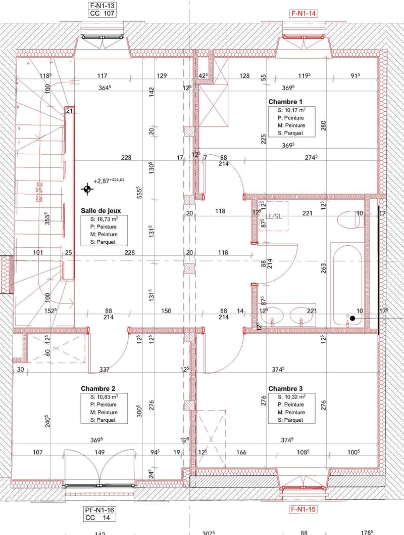 Floor plan showing three bedrooms, a playroom, and detailed measurements. Includes labeled rooms and dimensions.