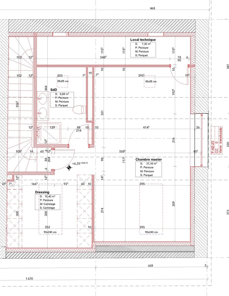 Floor plan showing a dressing room, a master bedroom, and a local technique area with measurements and surface types indicated.
