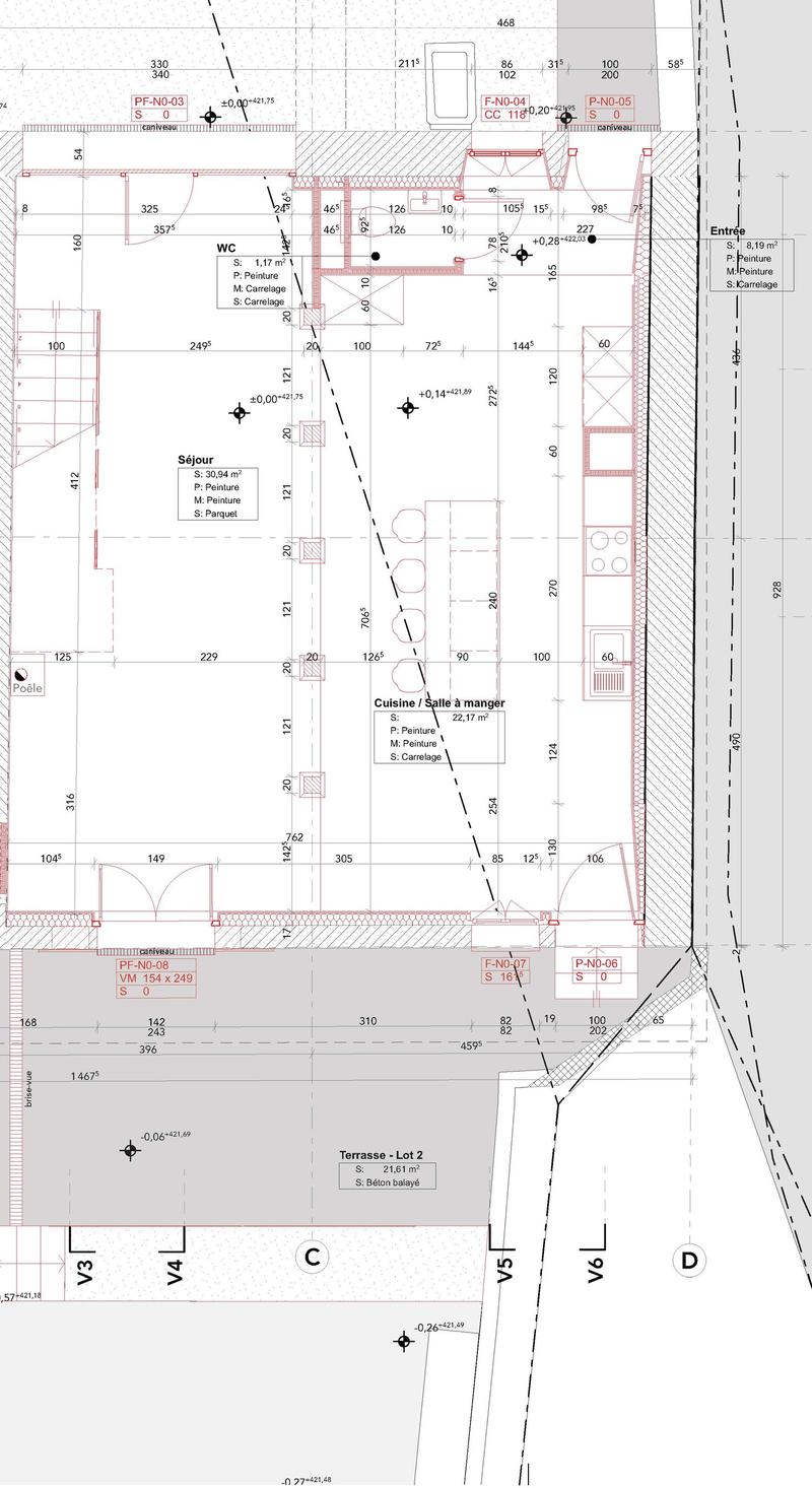 Floor plan of a house showing entrance, living area, kitchen/dining area, WC, and terrace.
