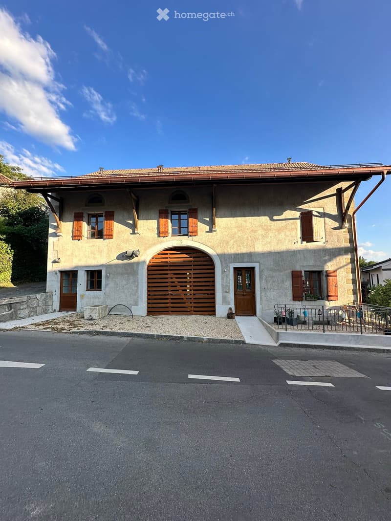 Two-story house with beige stone facade, wooden shutters, garage, and small garden area with potted plants.