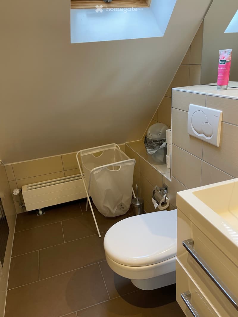 Modern bathroom with a toilet, sink, mirror, toilet paper, toilet brush, laundry basket, and a bottle on the counter. The room features beige tiles and a skylight window.
