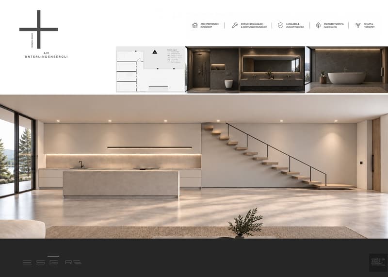 Floor plan layout showing a modern kitchen with built-in cabinets, a central island, and a staircase leading to an upper level. The kitchen features sleek, minimalist design with integrated lighting and ample workspace.
