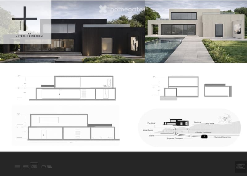 Floor plan and exterior views of a modern two-story house with large windows, a swimming pool, and landscaped garden.