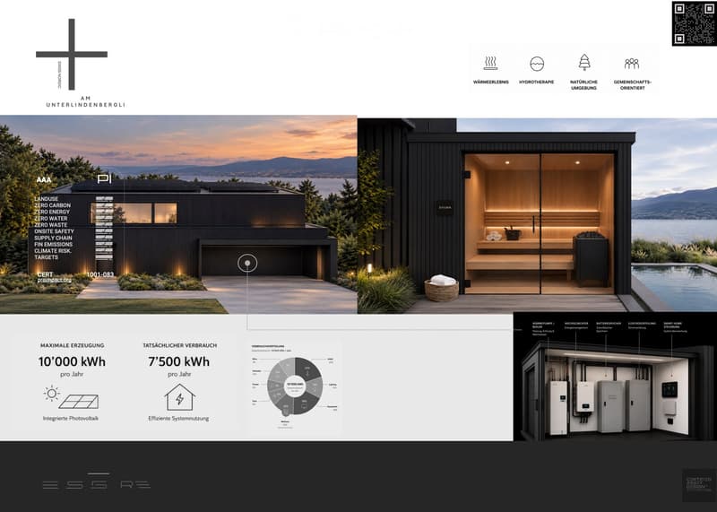 Modern, sustainable house with black exterior, large windows, and a sauna. Features include a swimming pool, solar panels, and a view of mountains and water.