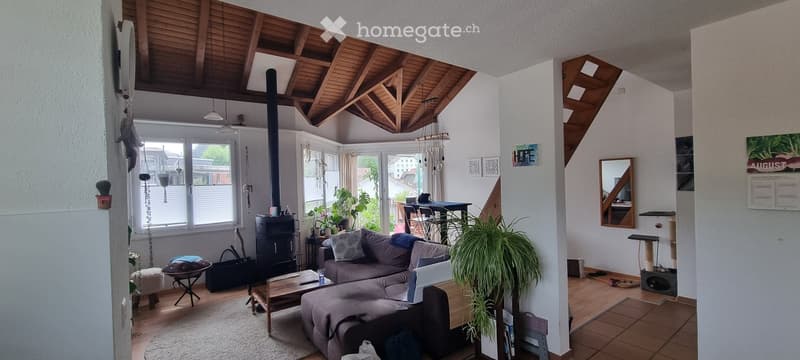 Bright living room with wooden beams, fireplace, large windows, sofa, coffee table, and plants.