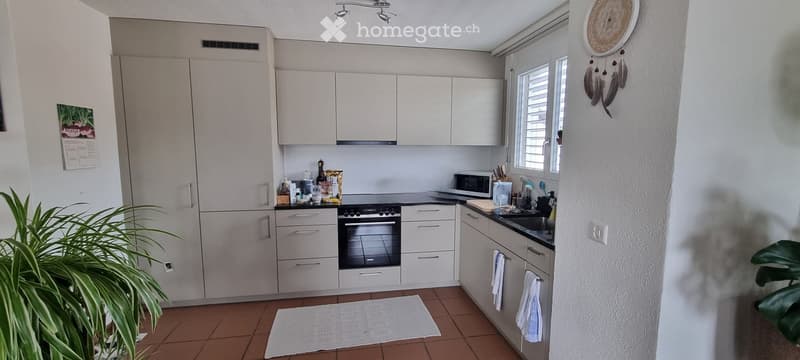 Modern kitchen with light grey cabinets, stainless steel oven, microwave, and sink. Features a tiled floor, white walls, and a small plant in the corner.