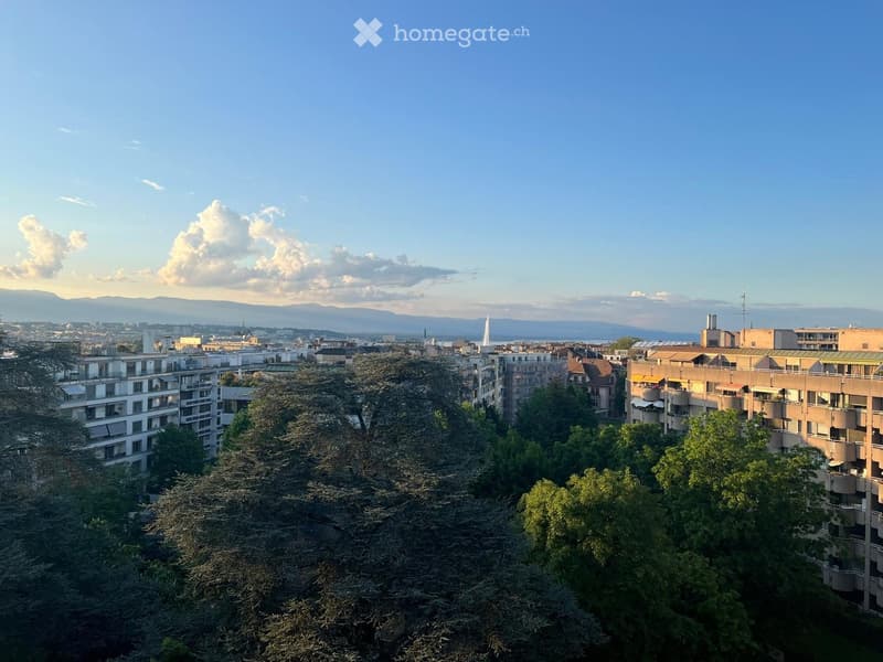 Panoramic view of a cityscape with multiple residential and commercial buildings, surrounded by trees and a clear blue sky with distant mountains.