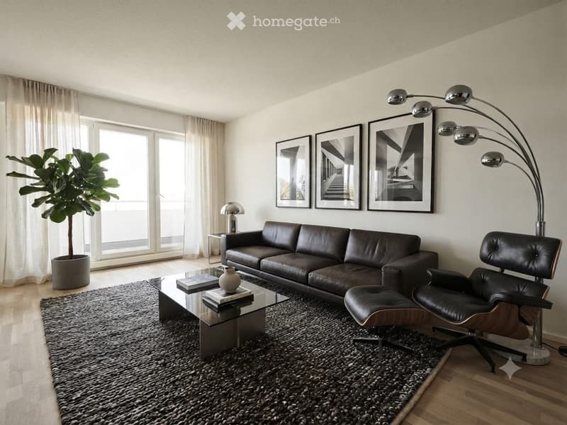 Modern living room with a dark leather sofa, glass coffee table, leather armchair, floor lamp, and large windows with sheer curtains.