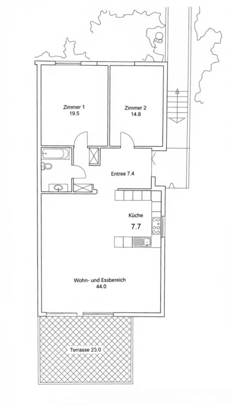 Floor plan showing a living and dining area (44.0), two bedrooms (19.5 and 14.8), a kitchen (7.7), a bathroom, and an entrance (7.4).