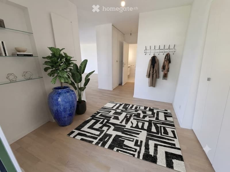 Modern hallway with light wooden flooring, white walls, a large geometric rug, a tall potted plant, and a coat rack with jackets.
