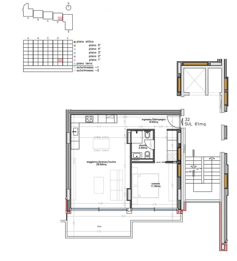 Floor plan of a multi-level building with labeled rooms and areas including living room, kitchen, bedroom, bathroom, and entrance/disposal area. Includes dimensions and floor levels.