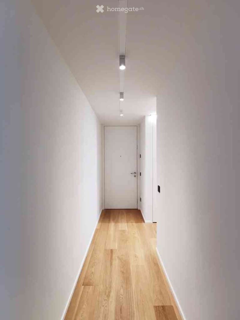 A narrow hallway with light wooden flooring, white walls, and a closed door at the end. Recessed ceiling lights provide illumination.