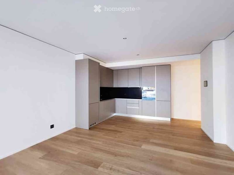 Empty room with light grey cabinetry, dark countertop, and wooden flooring.