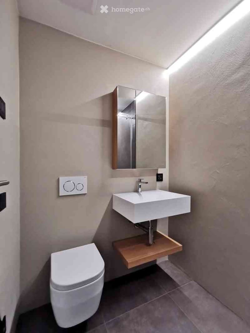Modern bathroom with a white toilet, a white sink on a wooden shelf, and a mirrored cabinet above it. The walls are light grey with a sleek, contemporary design.