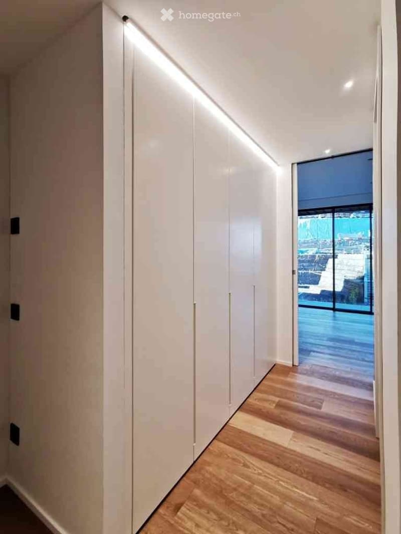 Modern hallway with white built-in wardrobes, wooden flooring, and a large window offering a view of the outdoor area.