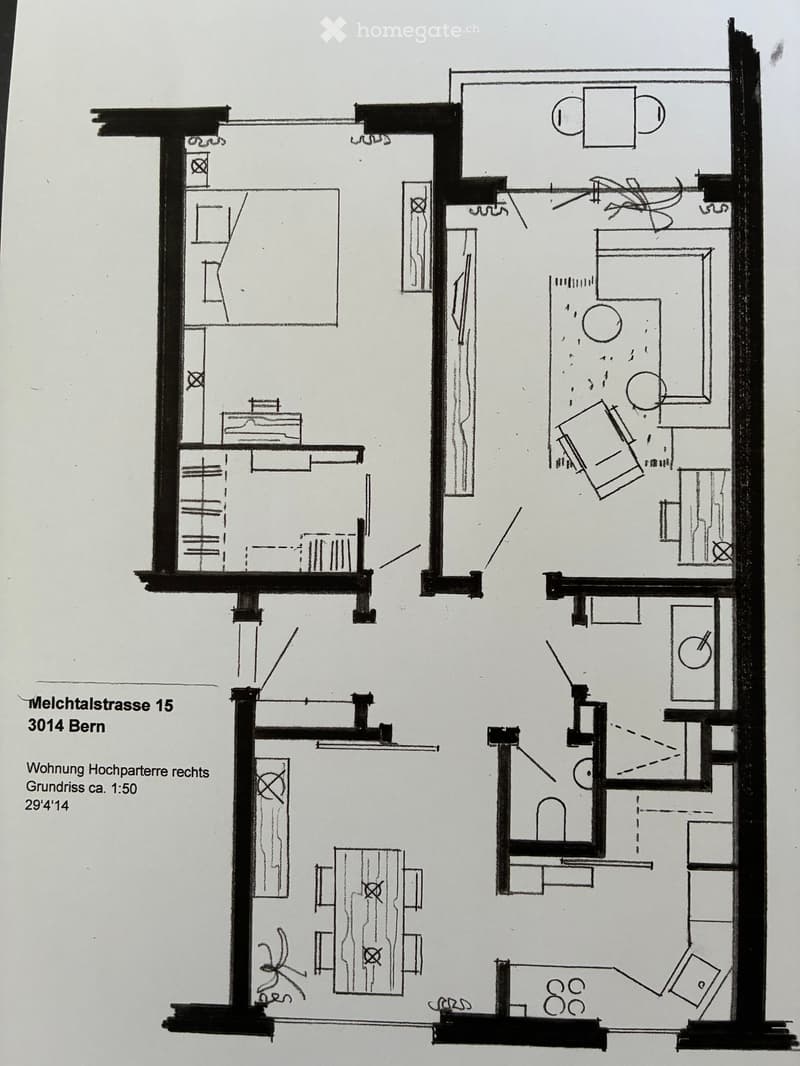 Floor plan of a high-parterre apartment with multiple rooms including living area, bedrooms, bathrooms, and kitchen.