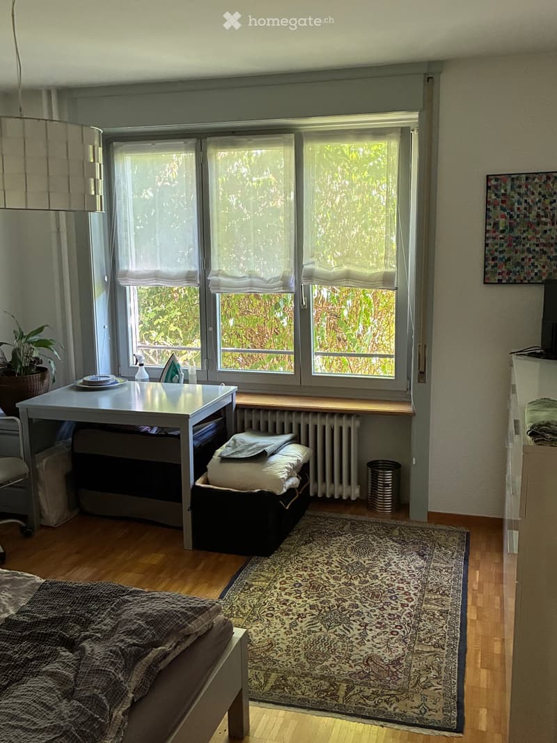 Bright bedroom with wooden flooring, large windows with white blinds, a bed with pillows and a blanket, a small table with dishes, a chair, a plant, and a radiator.