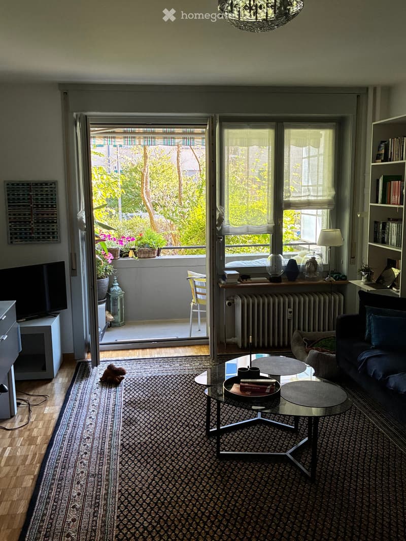 Living room with a sofa, coffee table, glass tables, bookshelf, and a balcony with plants visible through the open sliding doors.