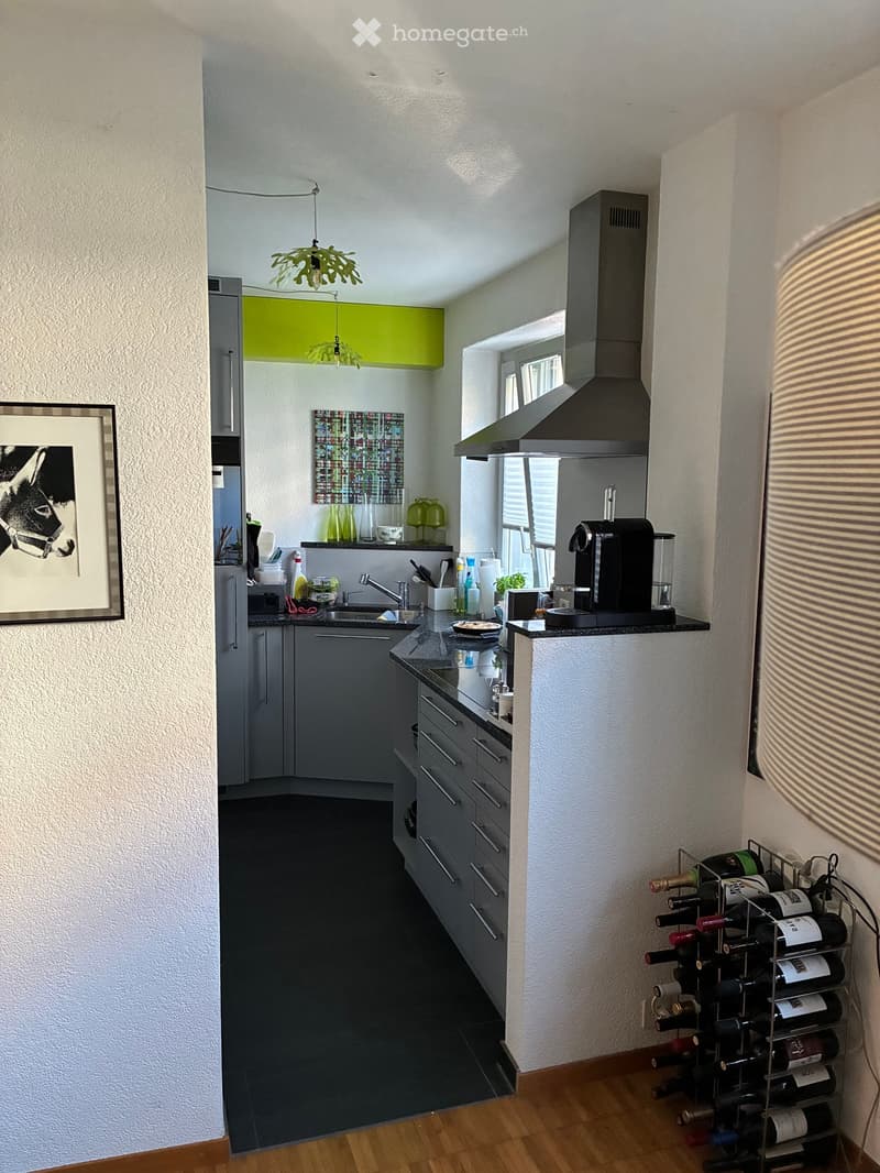 Modern kitchen with grey cabinets, black countertops, stainless steel appliances, and a wine rack. Features a framed picture on the wall and a pendant light with a leafy design.