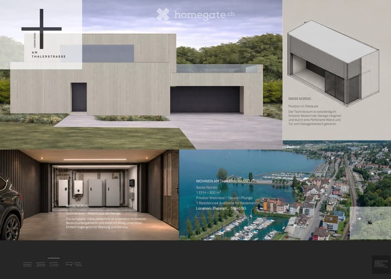 Modern single-story house with a sleek, contemporary design, featuring a large garage, clean lines, and a view of a lake and surrounding area.