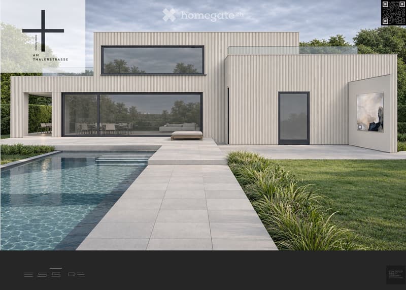 Modern two-story house with large glass windows, a swimming pool, outdoor seating area, and landscaped garden.