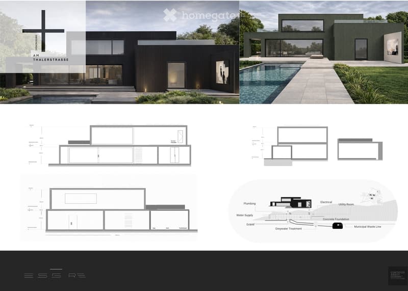 Architectural renderings and floor plans of a modern house with a swimming pool, outdoor seating, and detailed utility systems.