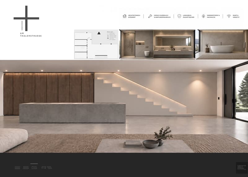 Floor plan and interior views of a modern, minimalist home with a spacious living area, sleek staircase, and contemporary bathroom.