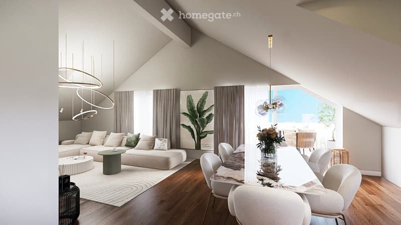 Modern living and dining area with a slanted ceiling, large windows offering a view, a beige sectional sofa, a green side table, a dining table with white chairs, and decorative lighting.