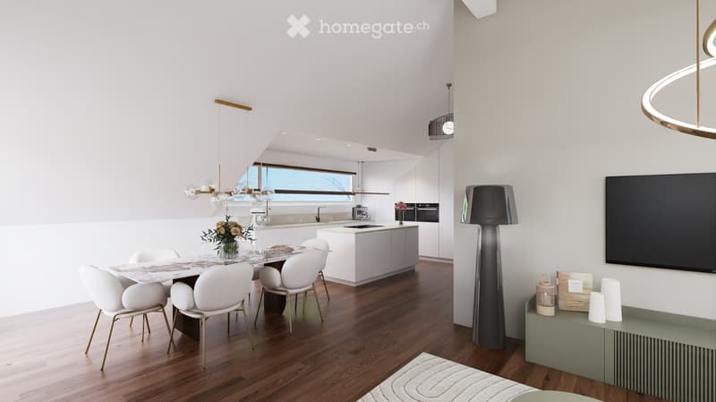 Modern open-plan living and dining area with white cabinetry, a central island, pendant lights, and a sleek dining table surrounded by white chairs. A television is mounted on the wall, and a floor lamp stands nearby.