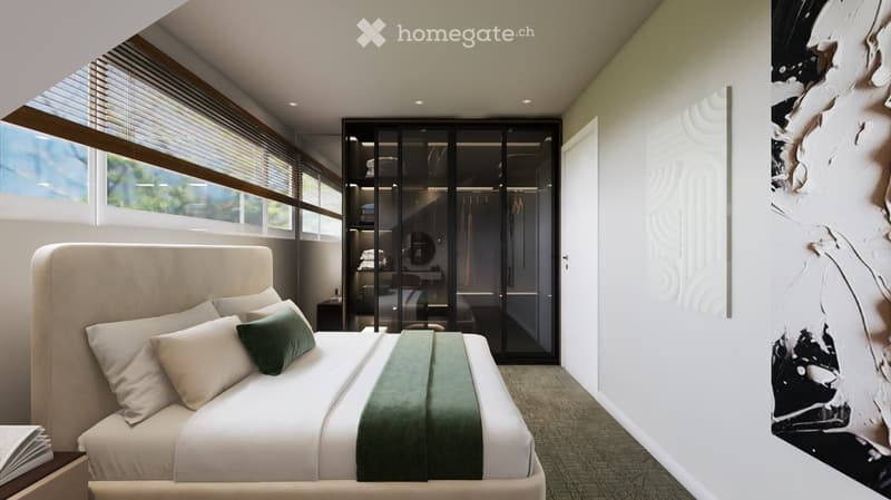 Modern bedroom with a large bed, nightstand, and a walk-in closet with mirrored doors. The room features large windows with blinds and a contemporary design.