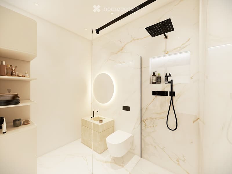 Modern bathroom with white marble walls and floor, a glass-enclosed shower, a floating sink, and a toilet. Shelves hold toiletries and towels.