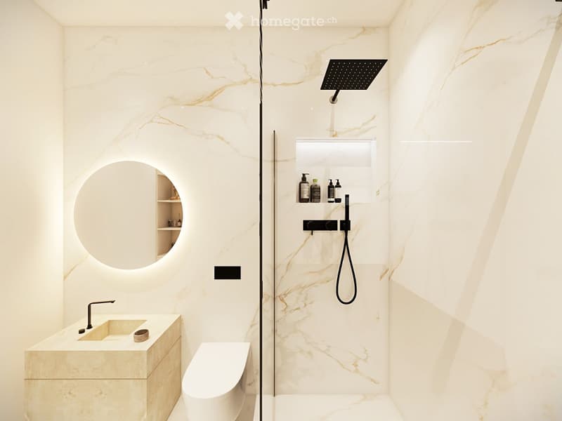 Modern bathroom with marble walls, a sleek sink, toilet, and a walk-in shower with a handheld showerhead and built-in shelf for toiletries.
