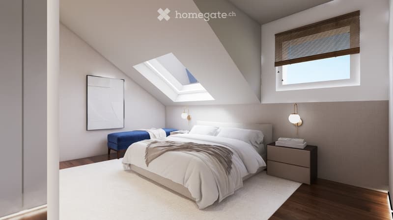 Modern attic bedroom with a large bed, nightstand, blue stool, wall-mounted lamps, and a skylight window. The room features a cozy, contemporary design with neutral tones and warm lighting.