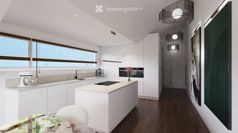 Modern kitchen with white cabinets, marble countertops, built-in appliances, and a central island with a sink and stove. Features include a mixer, coffee maker, vase with flowers, and a hanging pendant light.