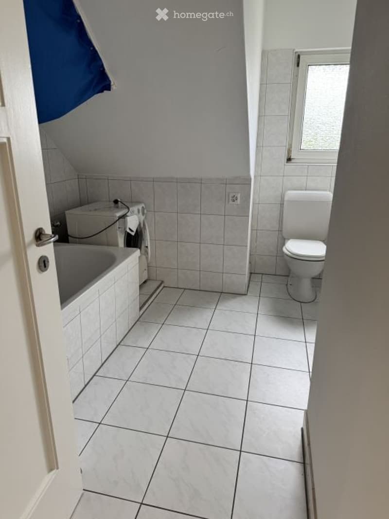Modern bathroom with white tiled walls and floor, featuring a bathtub, toilet, and a private washing machine.