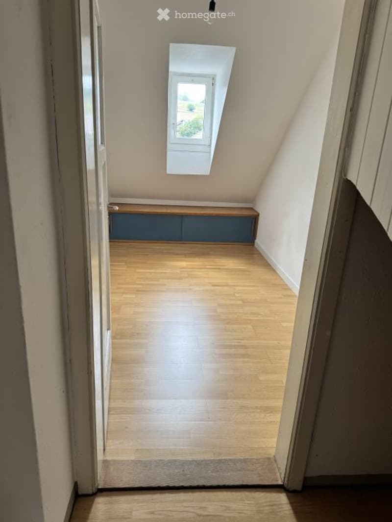 Slanted ceiling hallway with wooden flooring, white walls, and a built-in bench with blue paneling under a skylight window.