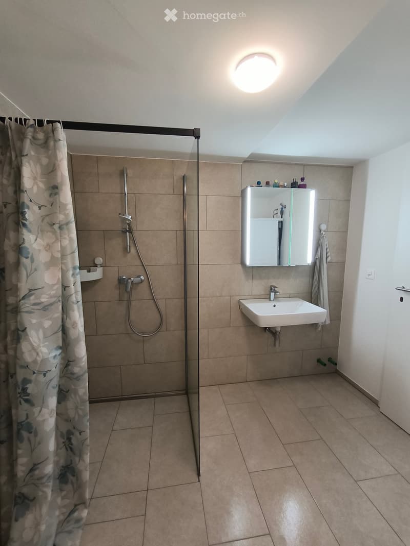 Modern bathroom with beige tiles, a white sink, a large mirror, a shower area with a curtain, and a ceiling light.