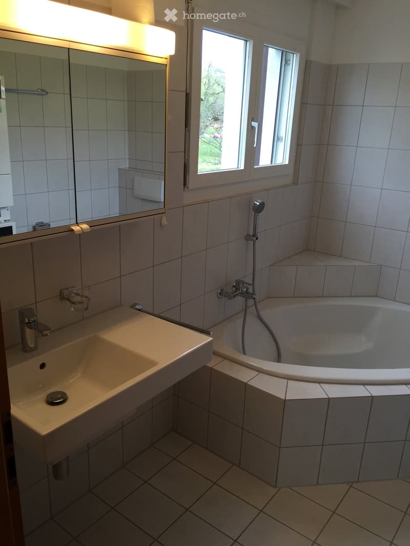 Bathroom with a sink, bathtub, mirror, and tiled walls and floor. Natural light comes through a window.