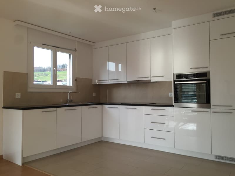 Modern kitchen with white cabinets, black countertops, and stainless steel appliances, including a sink and oven. Large window offers a view of the countryside.