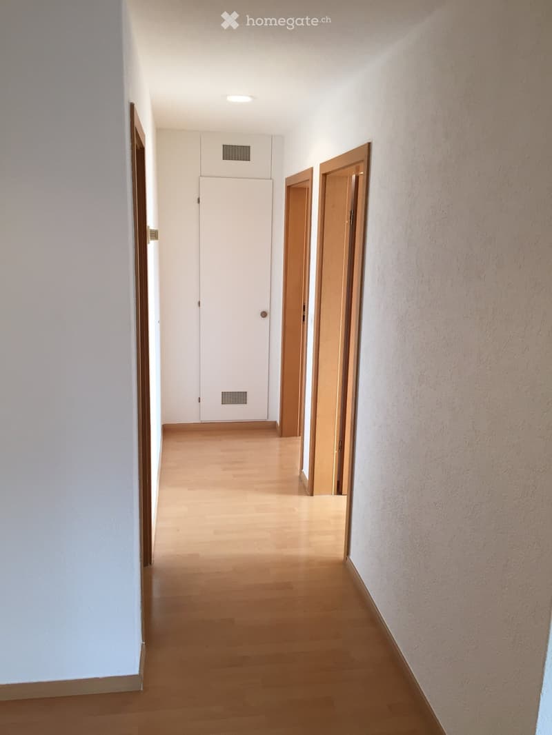 A clean, well-lit hallway with light wooden flooring, white walls, and several doors including a white closet and wooden doors leading to other rooms.