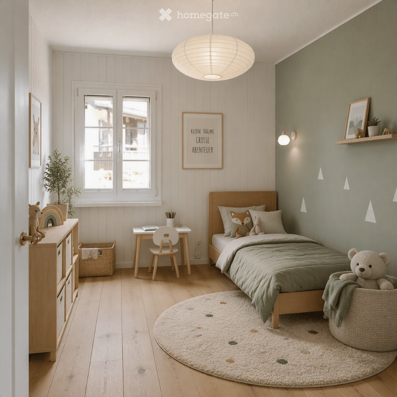 Cozy children's bedroom with a wooden bed, round rug, desk, chair, cabinet, and decorative items including a framed picture and small plants.