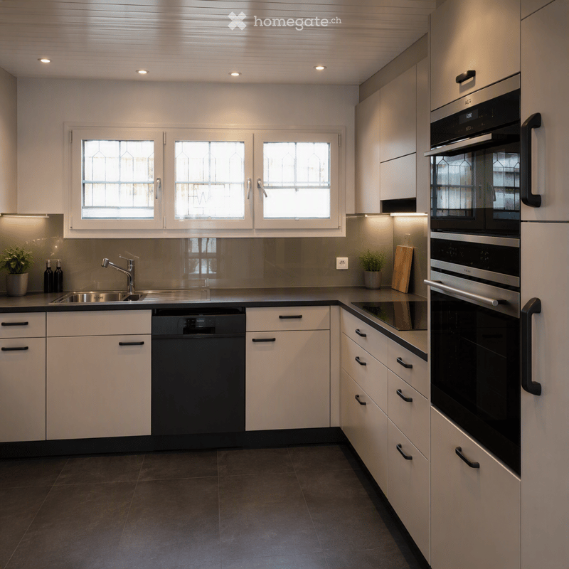 Modern kitchen with white cabinets, stainless steel appliances, dark countertops, and built-in lighting. Features a sink, faucet, dishwasher, oven, and small potted plants on the counter.